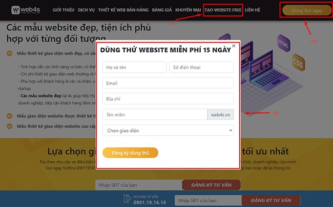 Tạo trang web dùng thử miễn phí 15 ngày tại Web4s